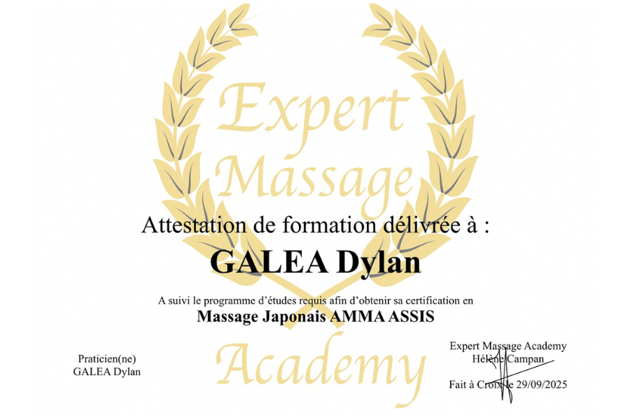 Attestation de formation en massage AMMA assis, Expert Massage Academy